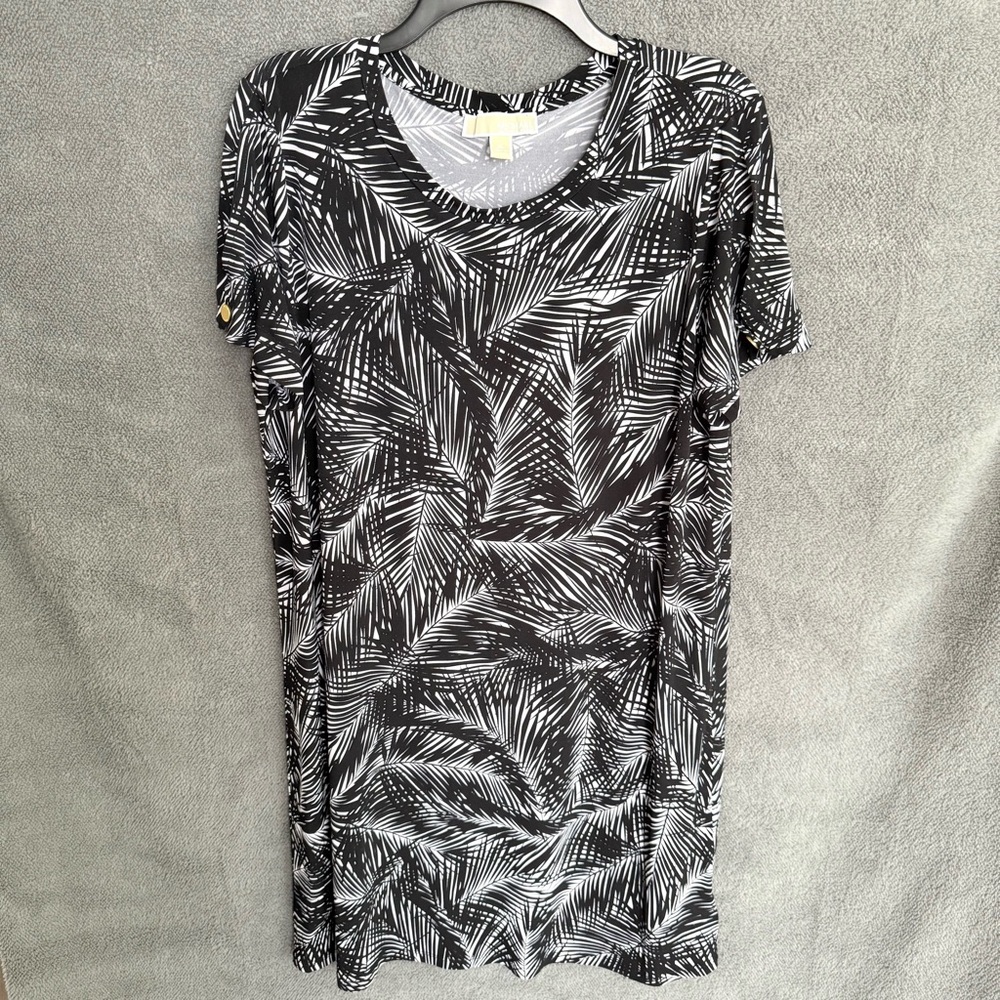 Michael Kors Black and White Palm-Print Short Sleeve Dress